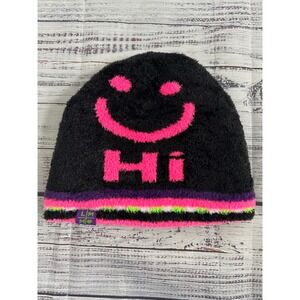 LittleMissMatched Reversible Fuzzy Beanie Hi Bye Smiley Face Neon Black Pink OS